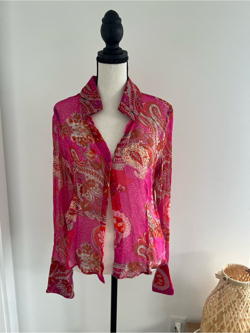Laundry by Shelli Segal Fuschia Pink Paisley Silk Blouse Size 10 Collar Vintage